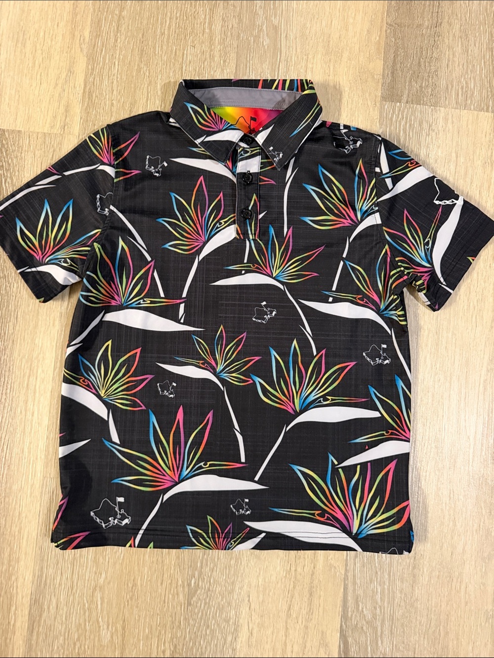 EUC Oahu Golf Apparel Youth Black Tropical Print Polo Shirt, Size YL